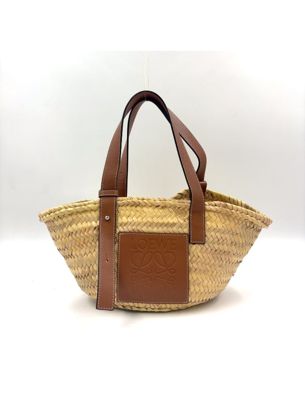 Loewe Anagram Bucket Handbag Leather Raffia Brown Beige Tote Silver
